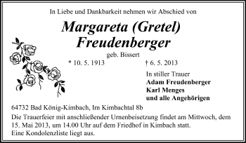 Traueranzeige von Margareta Freudenberger von Odenwälder Echo