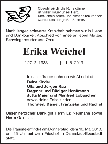 Traueranzeige von Erika Weichel von Echo-Zeitungen (Gesamtausgabe)