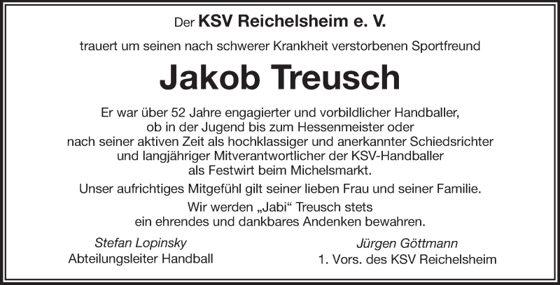  Traueranzeige für Jakob Treusch vom 14.05.2013 aus Odenwälder Echo