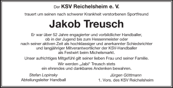 Traueranzeige von Jakob Treusch von Odenwälder Echo