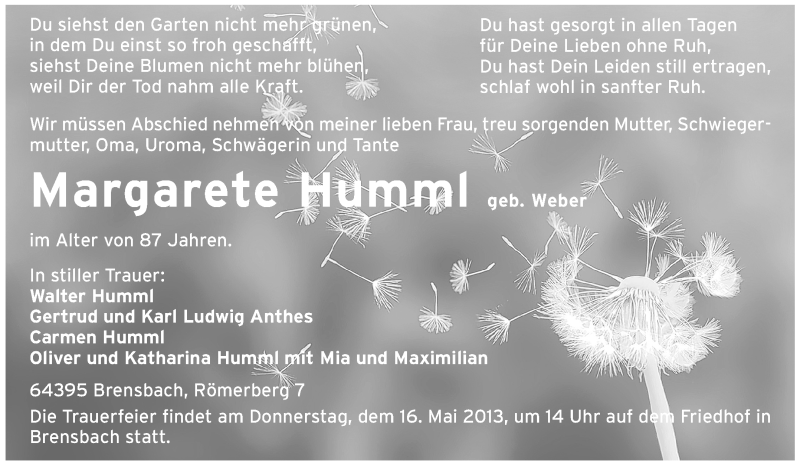  Traueranzeige für Margarete Humml vom 14.05.2013 aus Odenwälder Echo