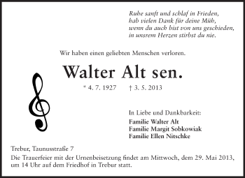 Traueranzeige von Walter Alt von Rüsselsheimer Echo, Groß-Gerauer-Echo, Ried Echo