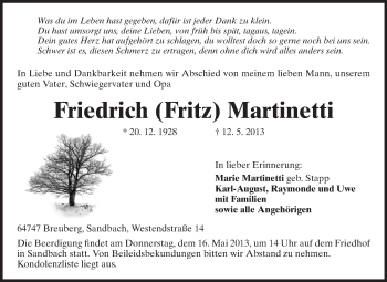 Traueranzeige von Friedrich  Martinetti von Odenwälder Echo