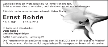Traueranzeige von Ernst Rohde von Odenwälder Echo