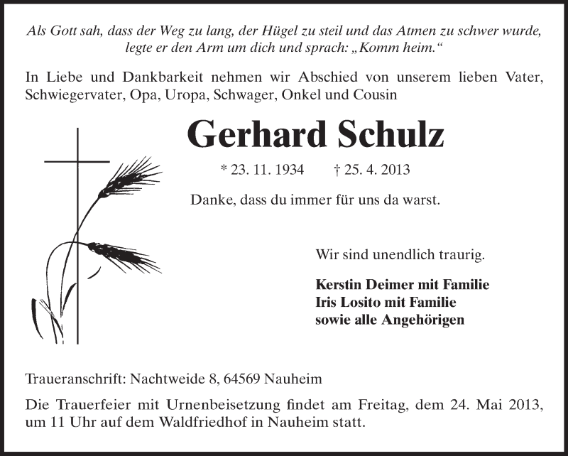  Traueranzeige für Gerhard Schulz vom 18.05.2013 aus Rüsselsheimer Echo, Groß-Gerauer-Echo, Ried Echo