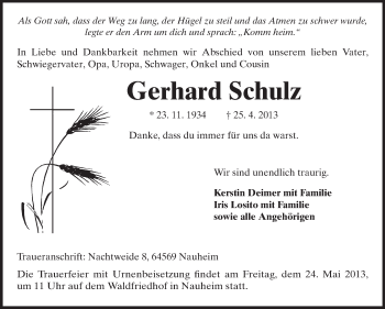 Traueranzeige von Gerhard Schulz von Rüsselsheimer Echo, Groß-Gerauer-Echo, Ried Echo