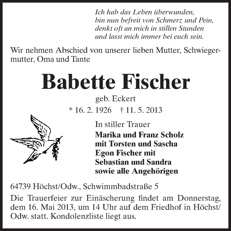  Traueranzeige für Babette Fischer vom 14.05.2013 aus Odenwälder Echo