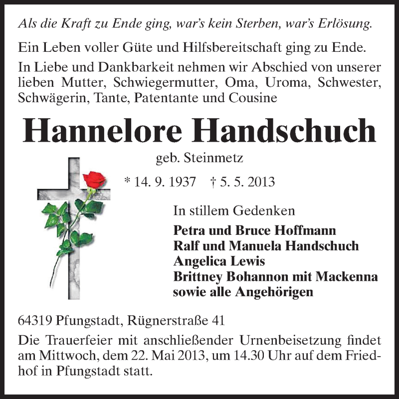  Traueranzeige für Hannelore Handschuch vom 18.05.2013 aus Echo-Zeitungen (Gesamtausgabe)