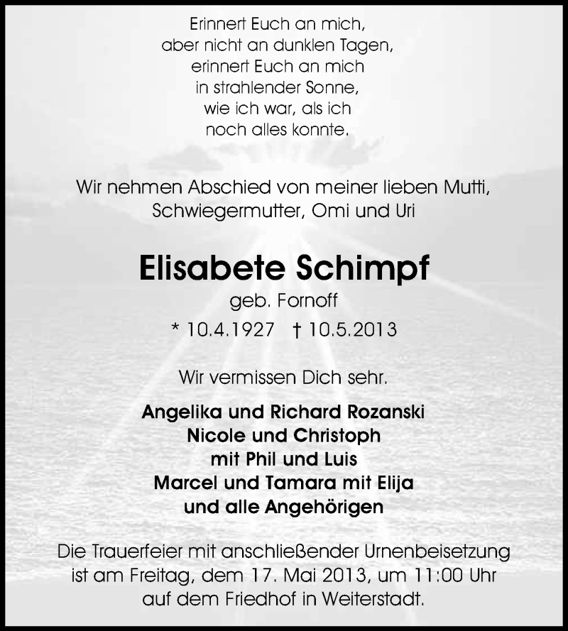  Traueranzeige für Elisabeth Schimpf vom 15.05.2013 aus Echo-Zeitungen (Gesamtausgabe)