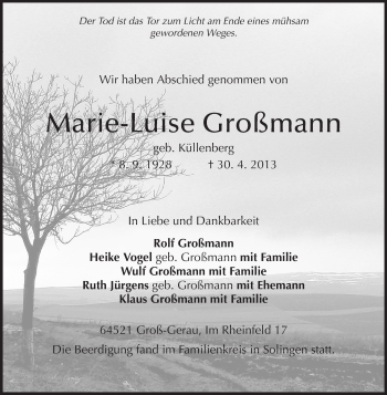 Traueranzeige von Marie-Luise Großmann von Rüsselsheimer Echo, Groß-Gerauer-Echo, Ried Echo
