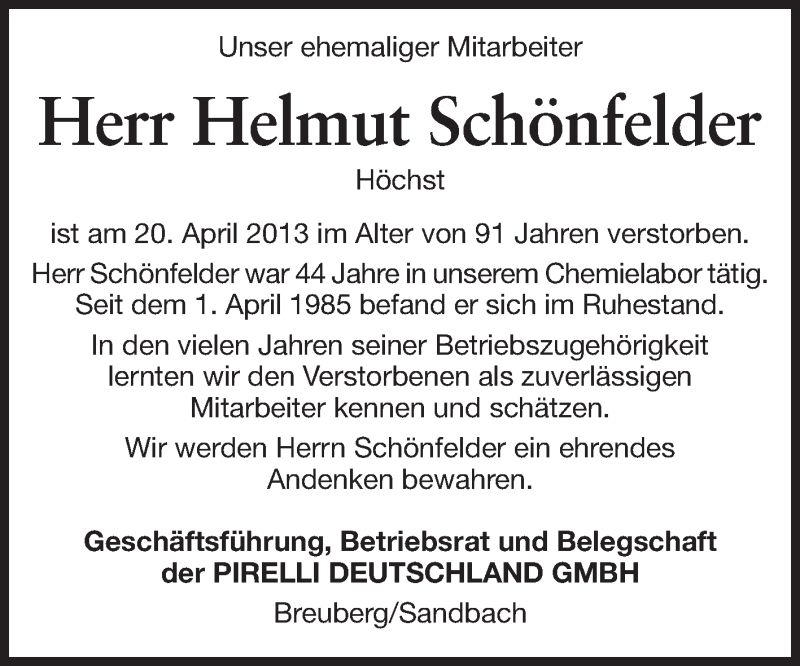  Traueranzeige für Helmut Schönfelder vom 15.05.2013 aus Odenwälder Echo