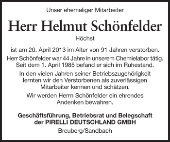 Traueranzeige von Helmut Schönfelder von Odenwälder Echo