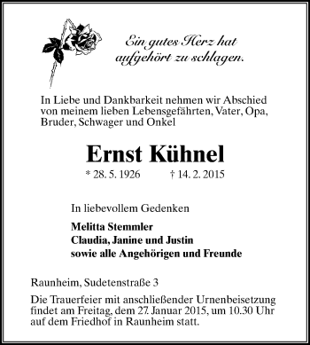 Traueranzeige von Ernst Kühnel von Rüsselsheimer Echo, Groß-Gerauer-Echo, Ried Echo