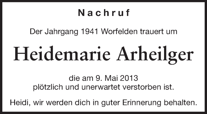  Traueranzeige für Heidemarie Arheilger vom 15.05.2013 aus Rüsselsheimer Echo, Groß-Gerauer-Echo, Ried Echo