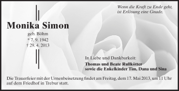 Traueranzeige von Monika Simon von Rüsselsheimer Echo, Groß-Gerauer-Echo, Ried Echo