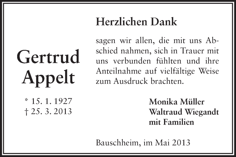  Traueranzeige für Gertrud Appelt vom 15.05.2013 aus Rüsselsheimer Echo, Groß-Gerauer-Echo, Ried Echo