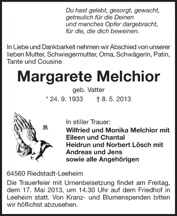 Traueranzeige von Margarete Melchior von Rüsselsheimer Echo, Groß-Gerauer-Echo, Ried Echo