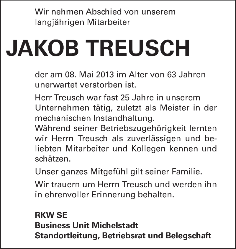  Traueranzeige für Jakob Treusch vom 15.05.2013 aus Odenwälder Echo