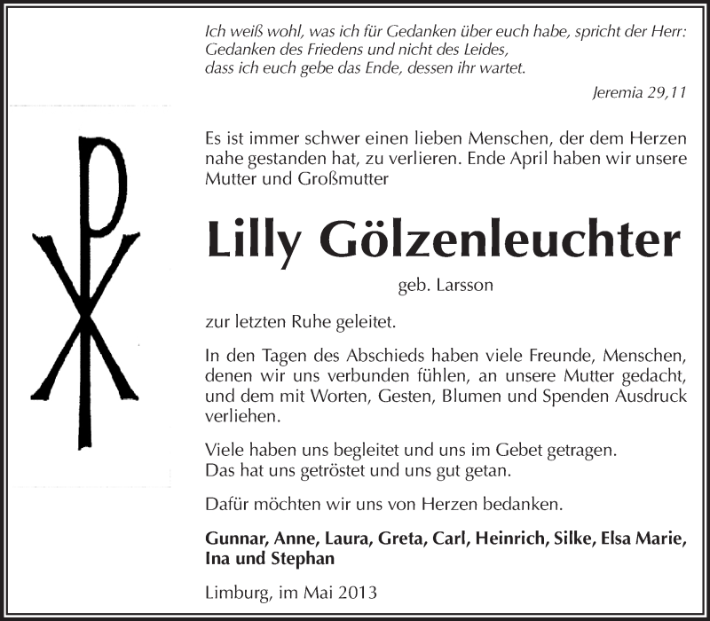  Traueranzeige für Lilly Gölzenleuchter vom 15.05.2013 aus Echo-Zeitungen (Gesamtausgabe)