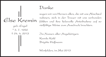 Traueranzeige von Else Kremin von Rüsselsheimer Echo, Groß-Gerauer-Echo, Ried Echo