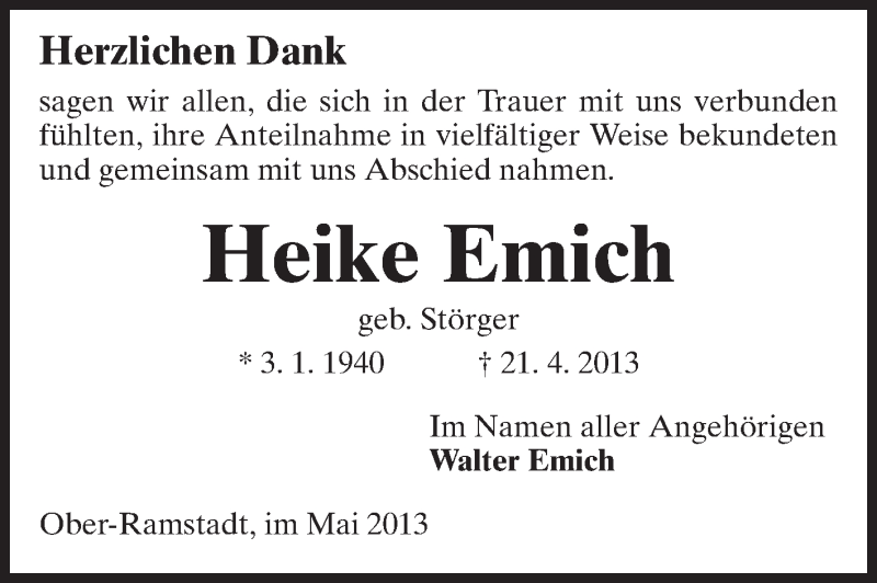 Traueranzeige für Heike Emich vom 18.05.2013 aus Echo-Zeitungen (Gesamtausgabe)