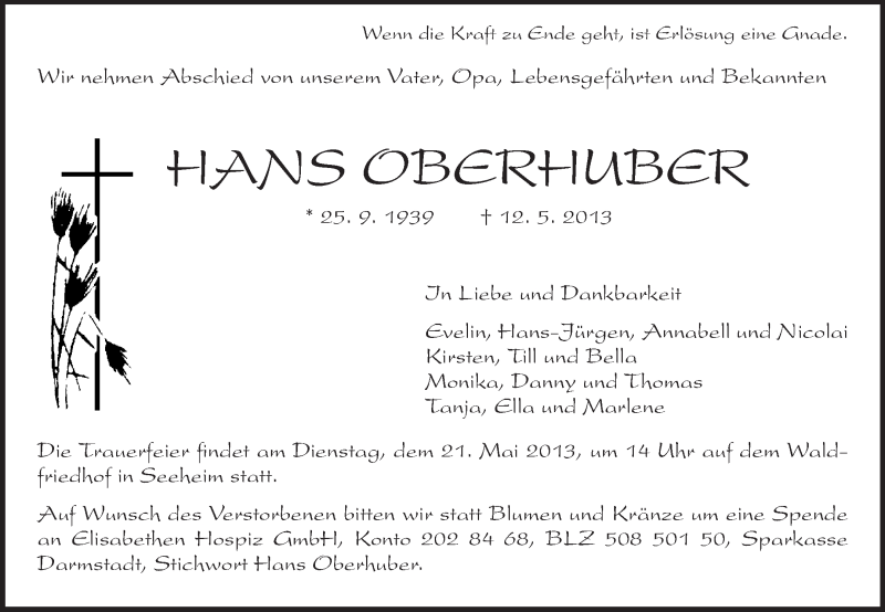  Traueranzeige für Hans Oberhuber vom 16.05.2013 aus Echo-Zeitungen (Gesamtausgabe)