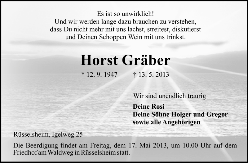  Traueranzeige für Horst Gräber vom 16.05.2013 aus Rüsselsheimer Echo, Groß-Gerauer-Echo, Ried Echo