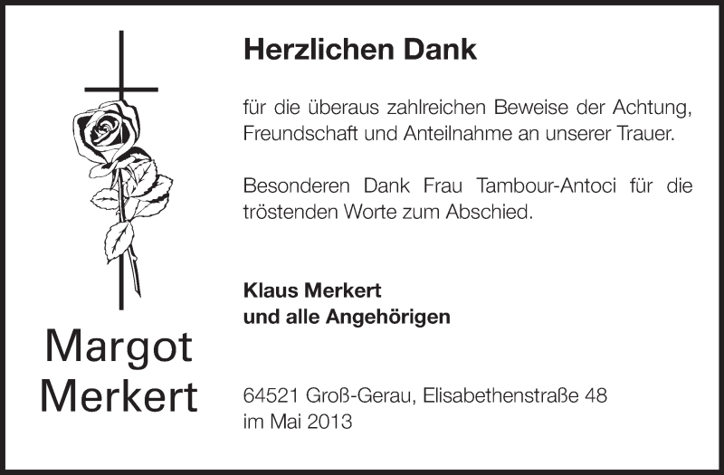  Traueranzeige für Margot Merkert vom 18.05.2013 aus Rüsselsheimer Echo, Groß-Gerauer-Echo, Ried Echo