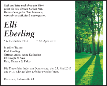 Traueranzeige von Elli Eberling von Rüsselsheimer Echo, Groß-Gerauer-Echo, Ried Echo