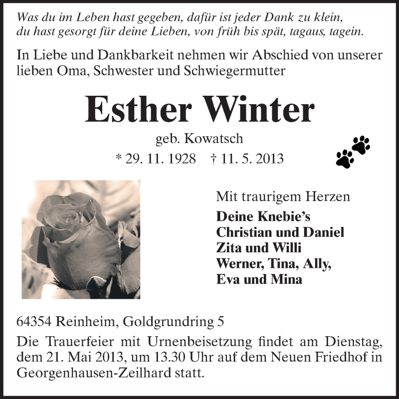  Traueranzeige für Esther Winter vom 17.05.2013 aus Echo-Zeitungen (Gesamtausgabe)