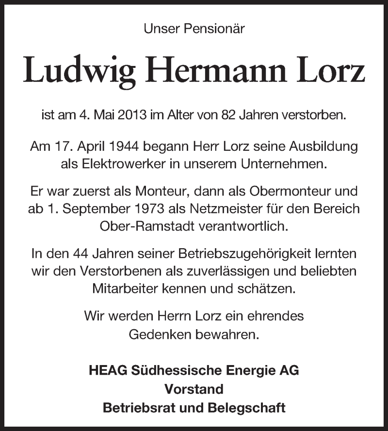  Traueranzeige für Ludwig Hermann Lorz vom 18.05.2013 aus Echo-Zeitungen (Gesamtausgabe)