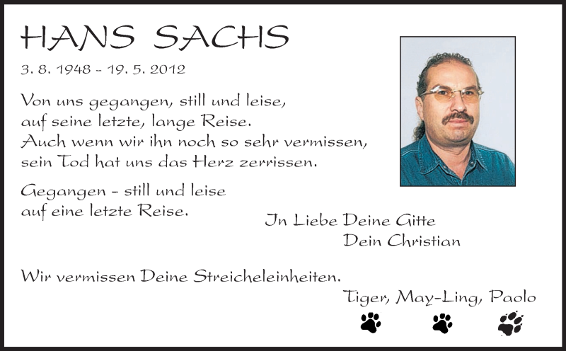  Traueranzeige für Hans Sachs vom 21.05.2013 aus Darmstädter Echo, Odenwälder Echo, Rüsselsheimer Echo, Groß-Gerauer-Echo, Ried Echo