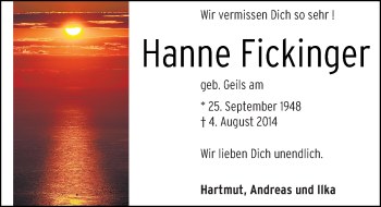 Traueranzeige von Hanne Fickinger von trauer.echo-online.de