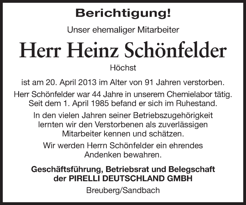  Traueranzeige für Helmut Schönfelder vom 16.05.2013 aus Odenwälder Echo
