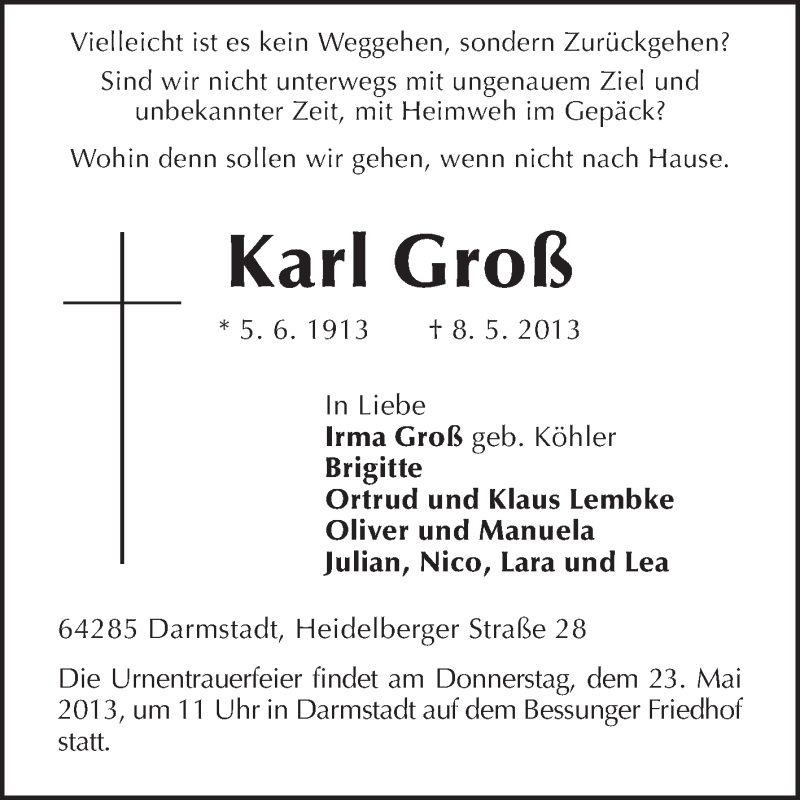  Traueranzeige für Karl Groß vom 18.05.2013 aus Echo-Zeitungen (Gesamtausgabe)