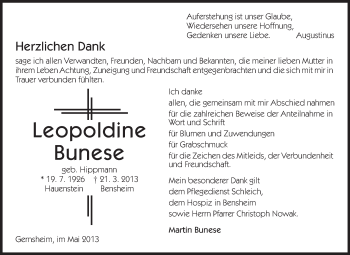 Traueranzeige von Leopoldine Bunese von Rüsselsheimer Echo, Groß-Gerauer-Echo, Ried Echo