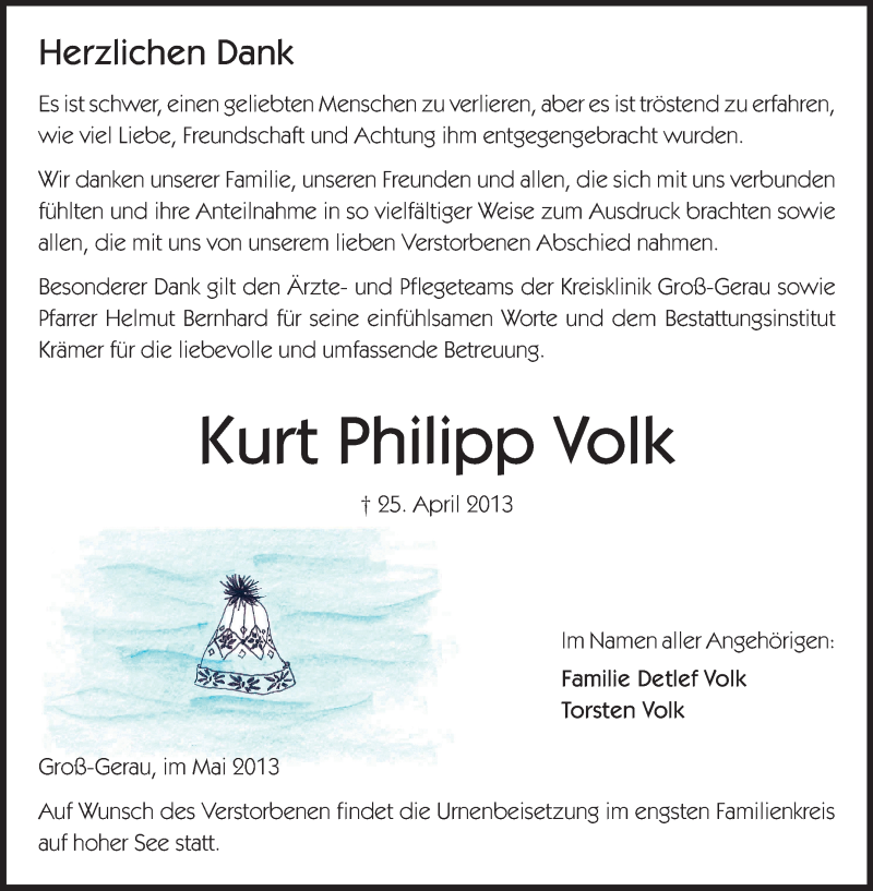  Traueranzeige für Kurt Philipp Volk vom 18.05.2013 aus Rüsselsheimer Echo, Groß-Gerauer-Echo, Ried Echo