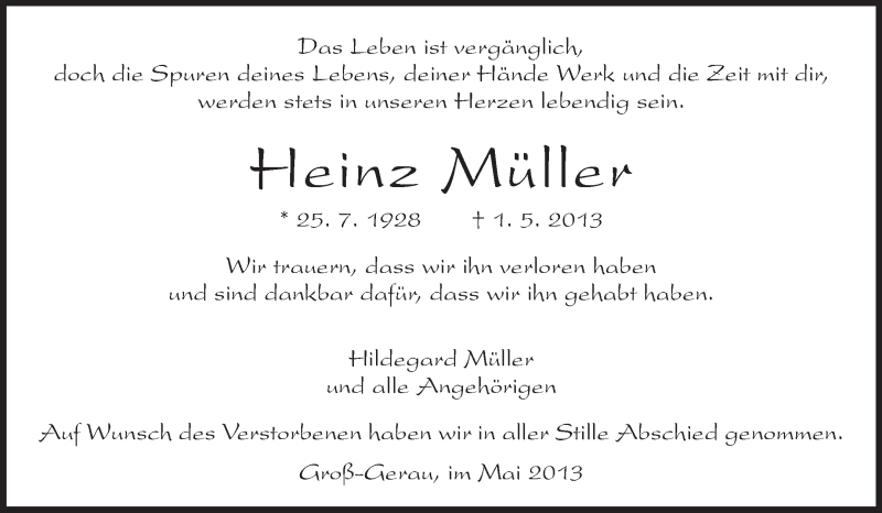  Traueranzeige für Heinz Müller vom 18.05.2013 aus Rüsselsheimer Echo, Groß-Gerauer-Echo, Ried Echo