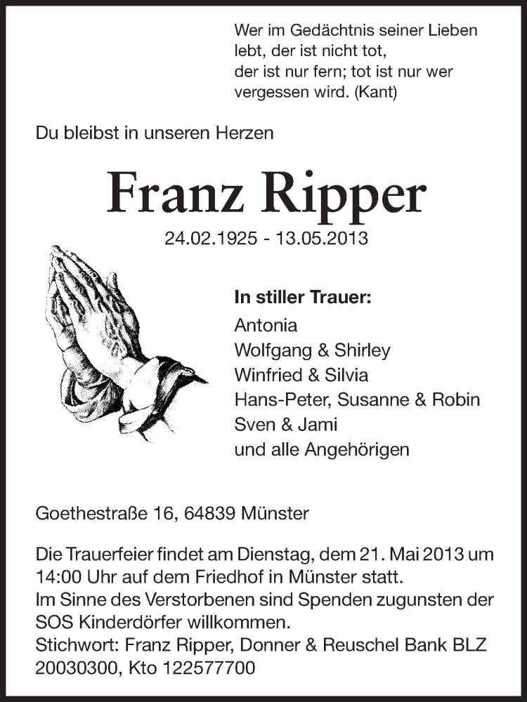  Traueranzeige für Franz Ripper vom 17.05.2013 aus Echo-Zeitungen (Gesamtausgabe)