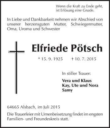 Traueranzeige von Elfriede Pötsch von Echo-Zeitungen (Gesamtausgabe)