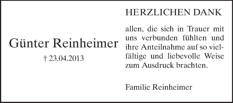  Traueranzeige für Günter Reinheimer vom 18.05.2013 aus Echo-Zeitungen (Gesamtausgabe)