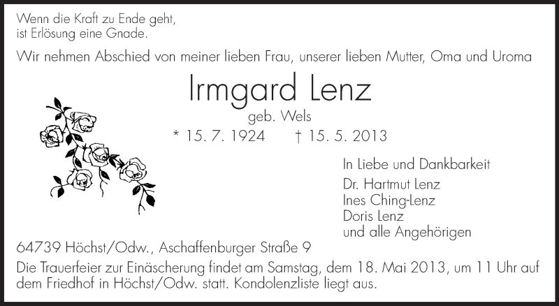  Traueranzeige für Irmgard Lenz vom 17.05.2013 aus Echo-Zeitungen (Gesamtausgabe)