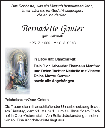 Traueranzeige von Bernadette Gauter von Odenwälder Echo