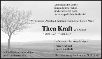 Traueranzeige von Thea Kraft von Darmstädter Echo, Odenwälder Echo, Rüsselsheimer Echo, Groß-Gerauer-Echo, Ried Echo
