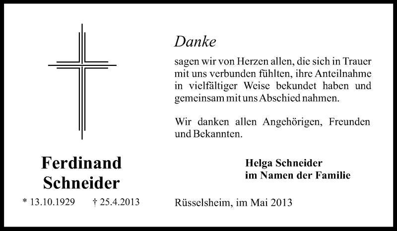  Traueranzeige für Ferdinand Schneider vom 18.05.2013 aus Rüsselsheimer Echo, Groß-Gerauer-Echo, Ried Echo