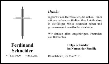 Traueranzeige von Ferdinand Schneider von Rüsselsheimer Echo, Groß-Gerauer-Echo, Ried Echo
