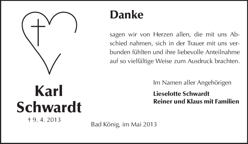  Traueranzeige für Karl Schwardt vom 18.05.2013 aus Odenwälder Echo