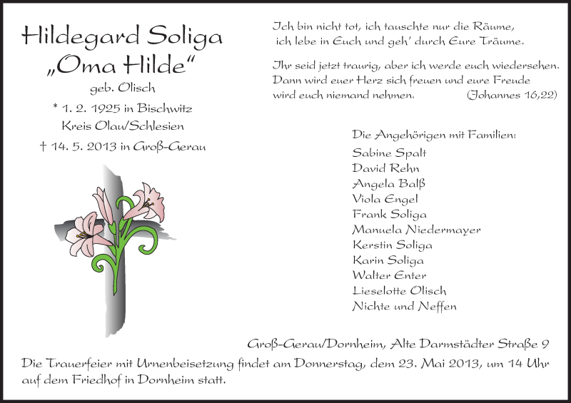  Traueranzeige für Hildegard Soliga vom 18.05.2013 aus Rüsselsheimer Echo, Groß-Gerauer-Echo, Ried Echo