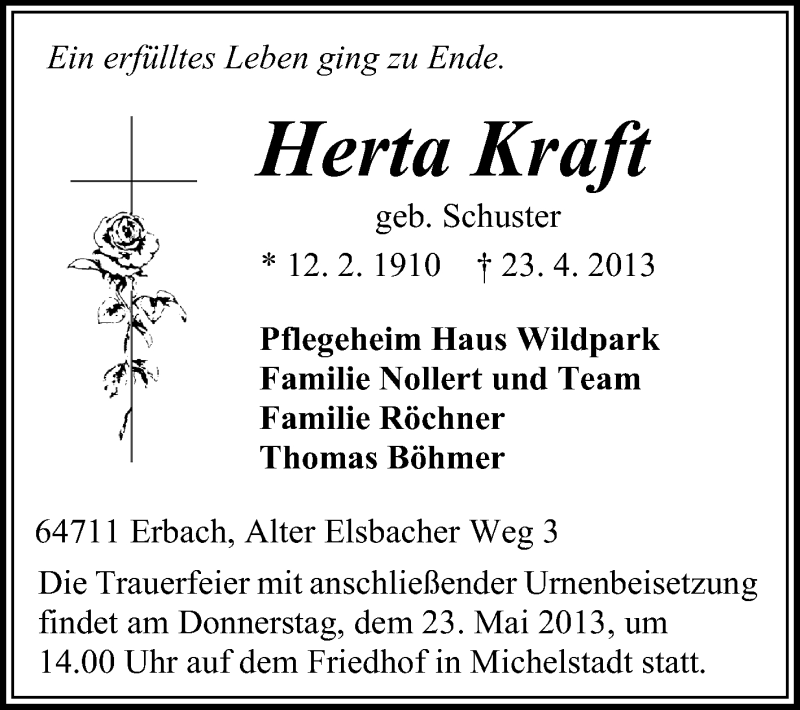  Traueranzeige für Herta Kraft vom 18.05.2013 aus Odenwälder Echo