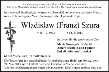 Traueranzeige von Wladislaw Szura von Odenwälder Echo